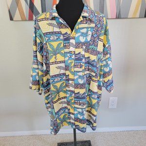 Smith and Watkins 100% Silk Hawaiian Shirt Size Large Flower Fish Car Print